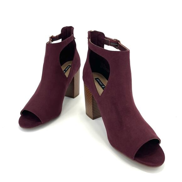 Parker & Sky Mila Open Toe Bootie/Ankle Boot Sz 9 Burgundy Faux Suede Adjustable - Picture 1 of 16